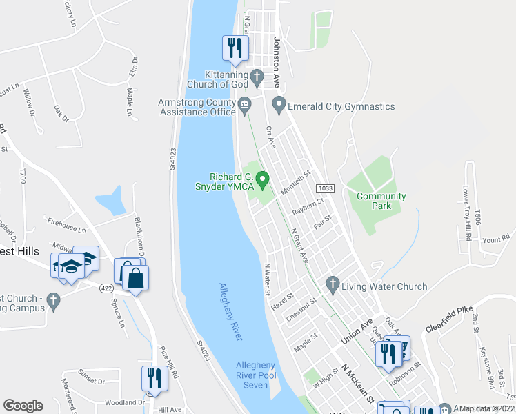 map of restaurants, bars, coffee shops, grocery stores, and more near 1118 North Water Street in Kittanning