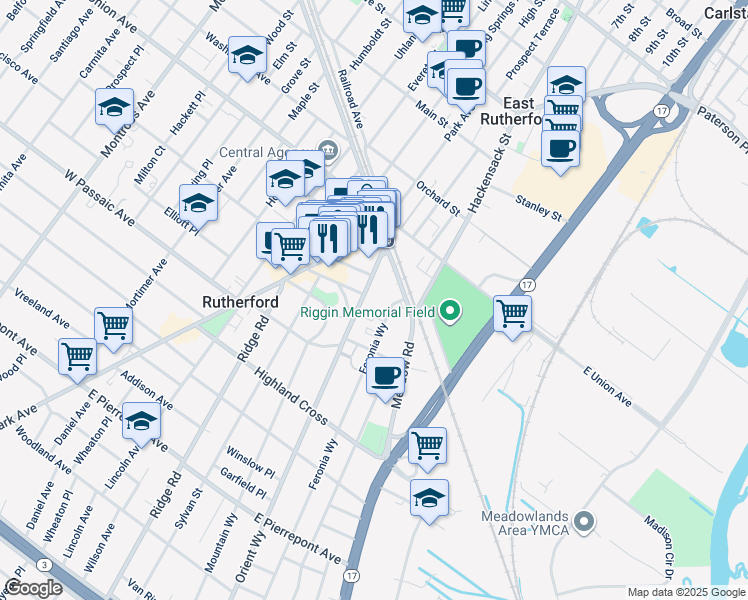 map of restaurants, bars, coffee shops, grocery stores, and more near 22 Orient Way in Rutherford
