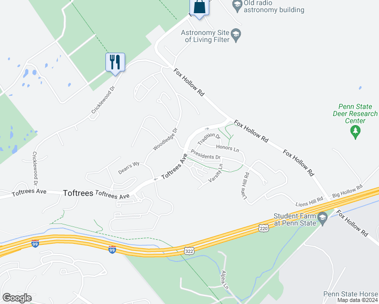 map of restaurants, bars, coffee shops, grocery stores, and more near 105 Presidents Drive in State College