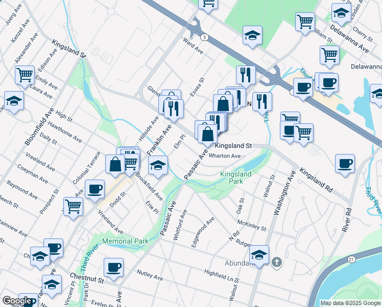 map of restaurants, bars, coffee shops, grocery stores, and more near 119 Kingsland Street in Nutley