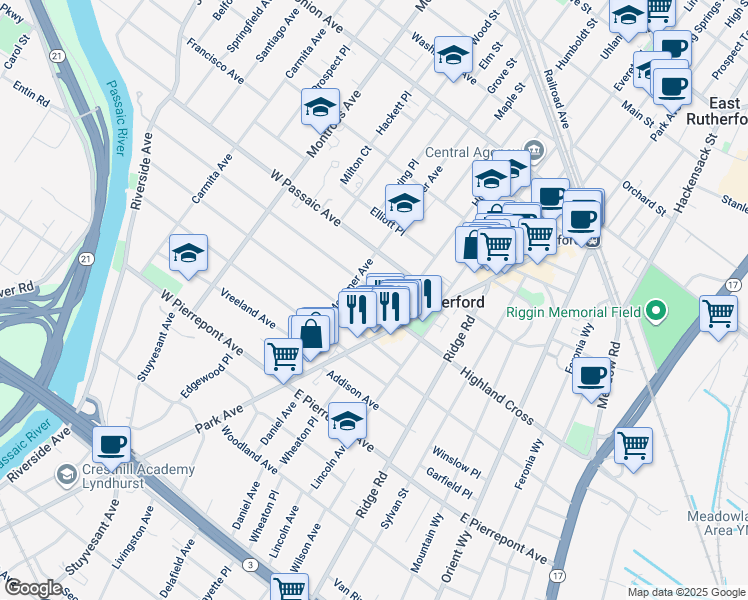 map of restaurants, bars, coffee shops, grocery stores, and more near 39 Donaldson Avenue in Rutherford