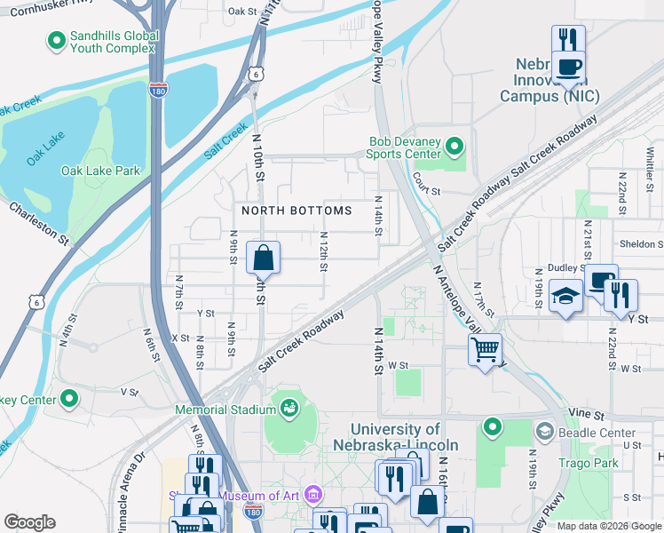 map of restaurants, bars, coffee shops, grocery stores, and more near 1212 New Hampshire Street in Lincoln