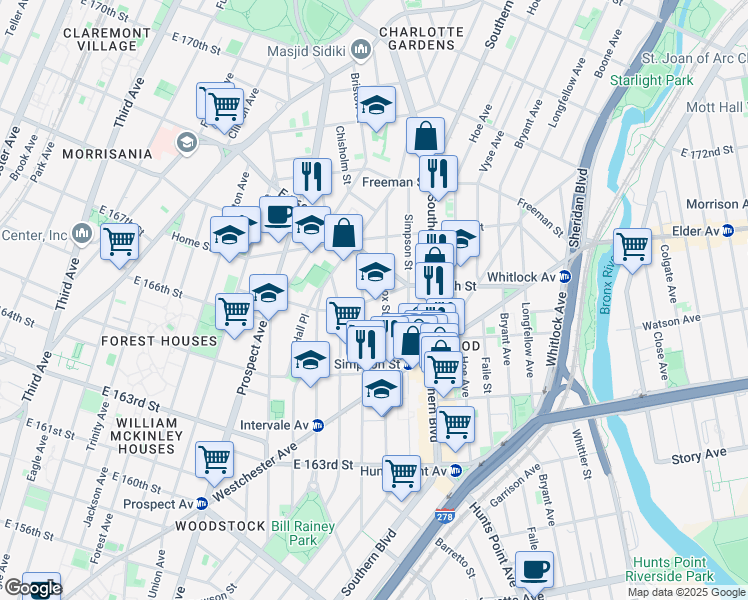map of restaurants, bars, coffee shops, grocery stores, and more near 920 East 167th Street in Bronx