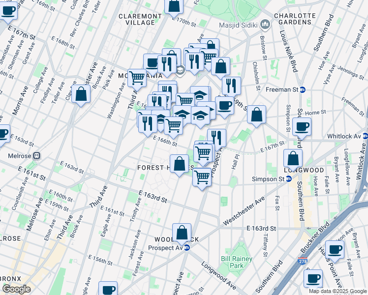 map of restaurants, bars, coffee shops, grocery stores, and more near 760 E 166th St in Bronx