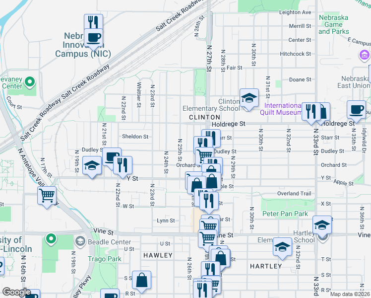 map of restaurants, bars, coffee shops, grocery stores, and more near 1344 North 25th Street in Lincoln