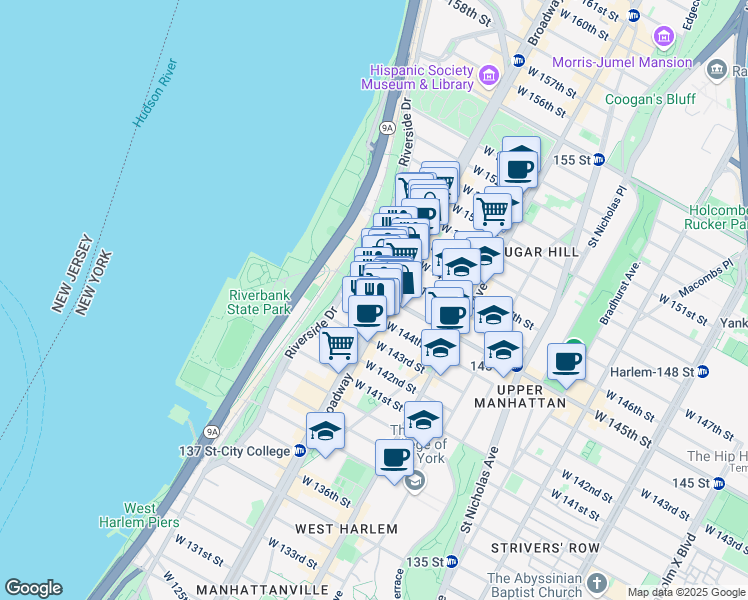 map of restaurants, bars, coffee shops, grocery stores, and more near 625 West 145th Street in New York