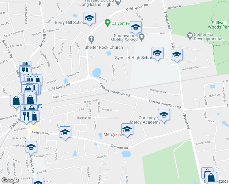 map of restaurants, bars, coffee shops, grocery stores, and more near 165 Syosset-Woodbury Road in Syosset