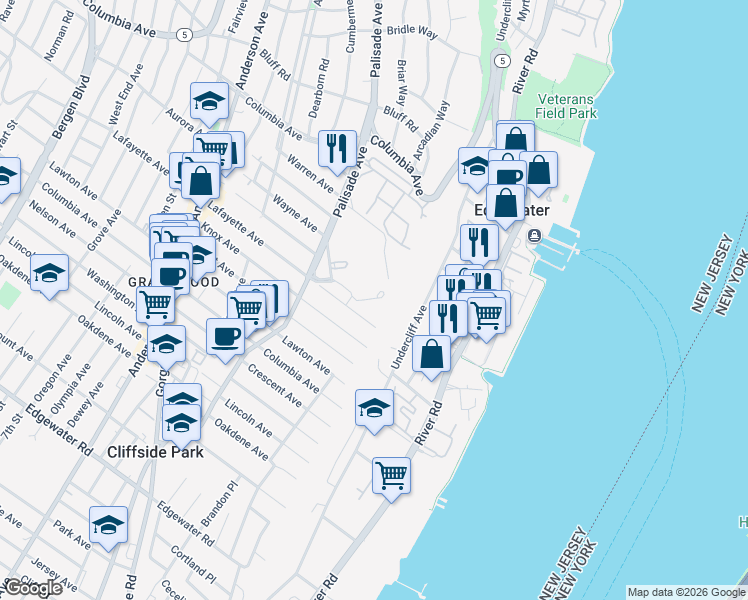 map of restaurants, bars, coffee shops, grocery stores, and more near 100 Winston Drive in Cliffside Park