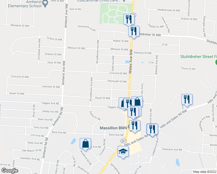 map of restaurants, bars, coffee shops, grocery stores, and more near 1276 Leecrest Street Northwest in Massillon