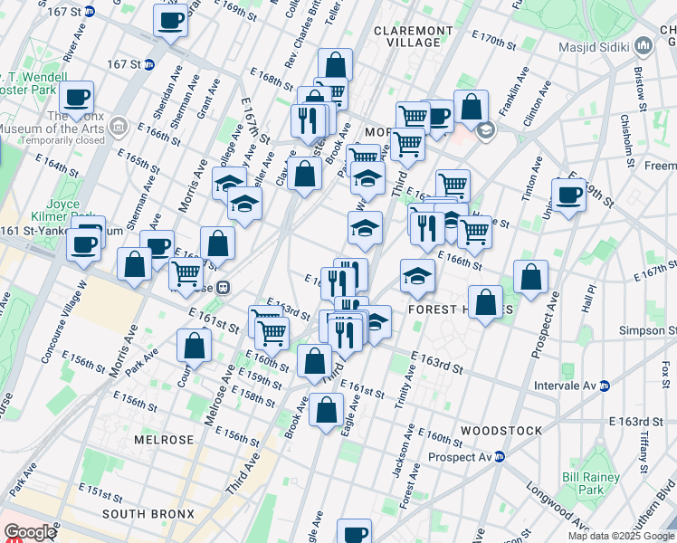 map of restaurants, bars, coffee shops, grocery stores, and more near 454 East 165th Street in Bronx