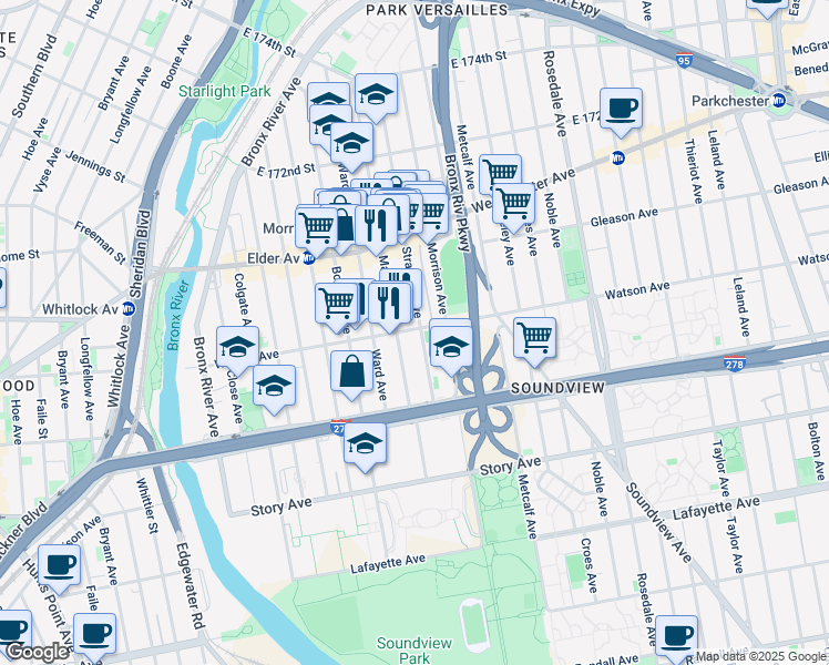 map of restaurants, bars, coffee shops, grocery stores, and more near 1111 Stratford Avenue in Bronx