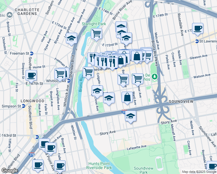 map of restaurants, bars, coffee shops, grocery stores, and more near 1145 Evergreen Avenue in The Bronx