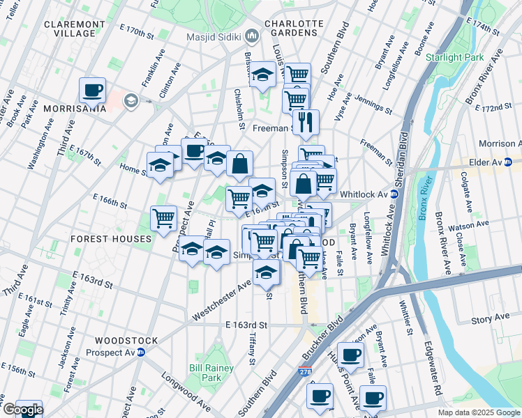 map of restaurants, bars, coffee shops, grocery stores, and more near 1107 Fox Street in The Bronx