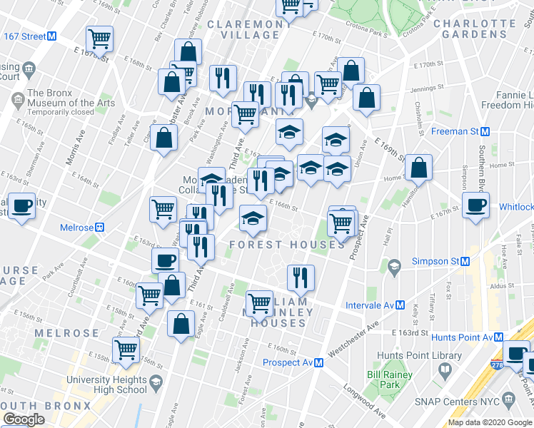 map of restaurants, bars, coffee shops, grocery stores, and more near 1086 Boston Road in Bronx