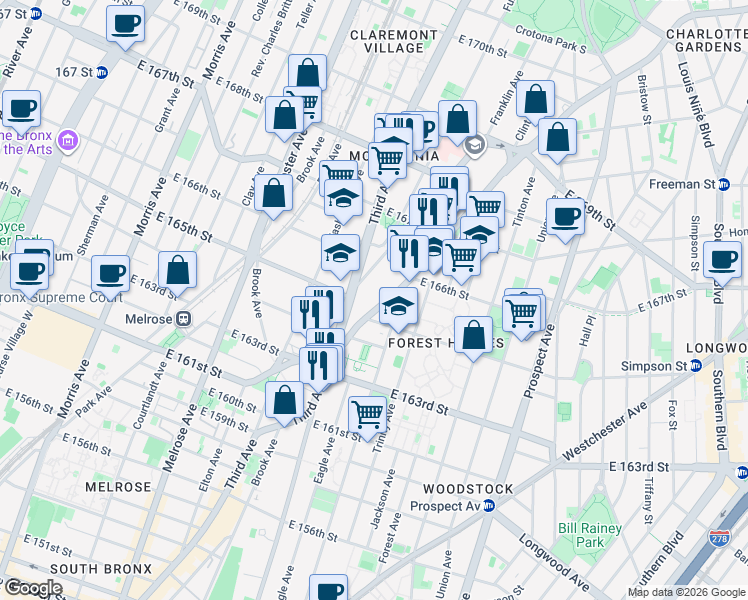 map of restaurants, bars, coffee shops, grocery stores, and more near 1074 Franklin Avenue in Bronx