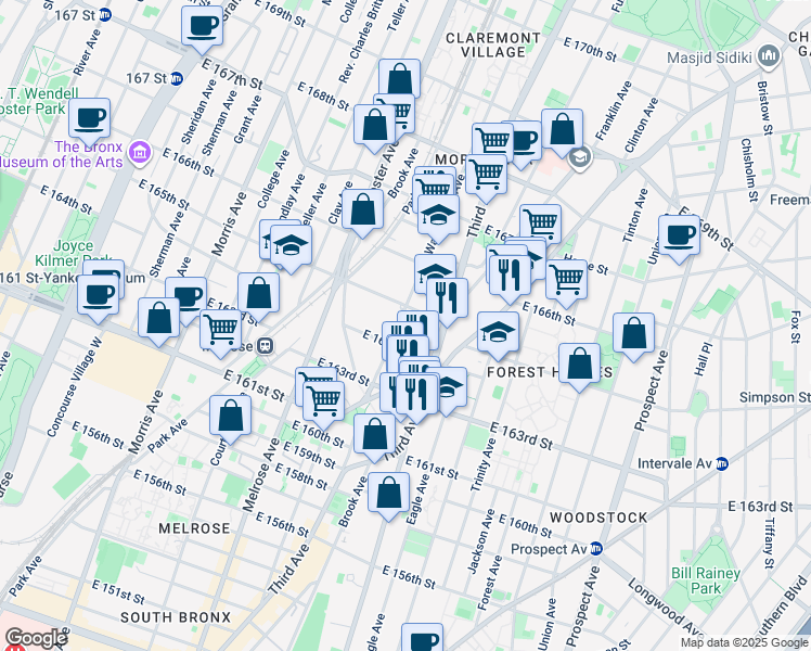 map of restaurants, bars, coffee shops, grocery stores, and more near 454 East 165th Street in Bronx