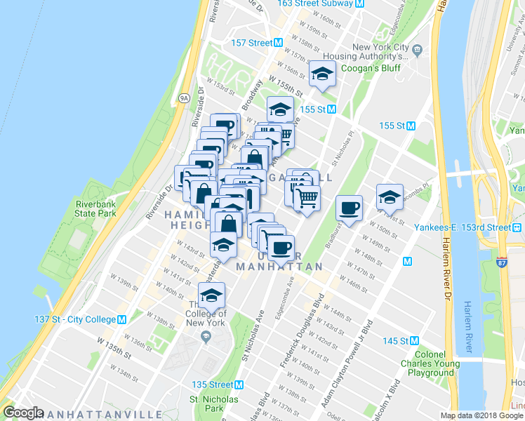 map of restaurants, bars, coffee shops, grocery stores, and more near 465 West 148th Street in New York
