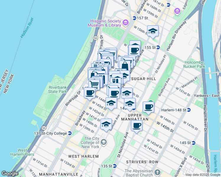 map of restaurants, bars, coffee shops, grocery stores, and more near 533 West 147th Street in New York