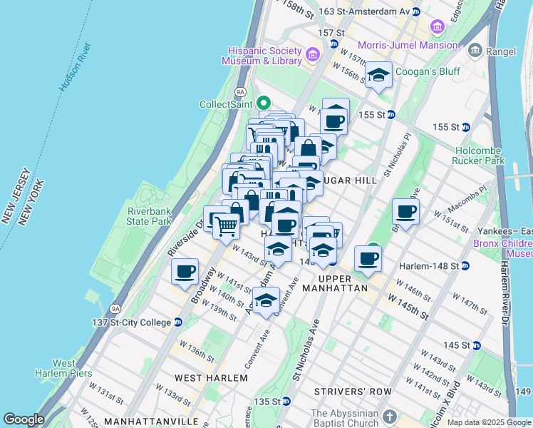 map of restaurants, bars, coffee shops, grocery stores, and more near 533 West 147th Street in New York