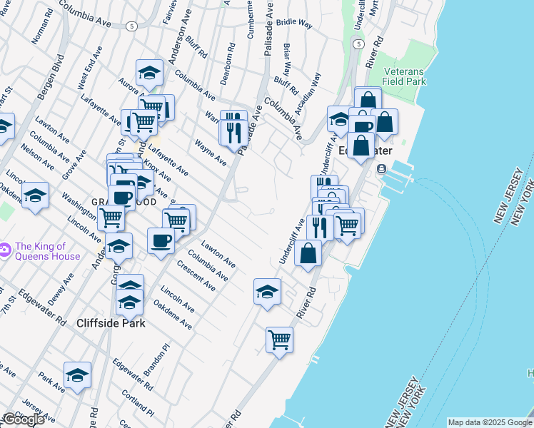map of restaurants, bars, coffee shops, grocery stores, and more near 100 Winston Drive in Cliffside Park