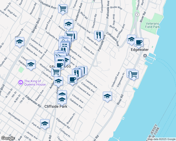 map of restaurants, bars, coffee shops, grocery stores, and more near 725 Palisade Avenue in Cliffside Park