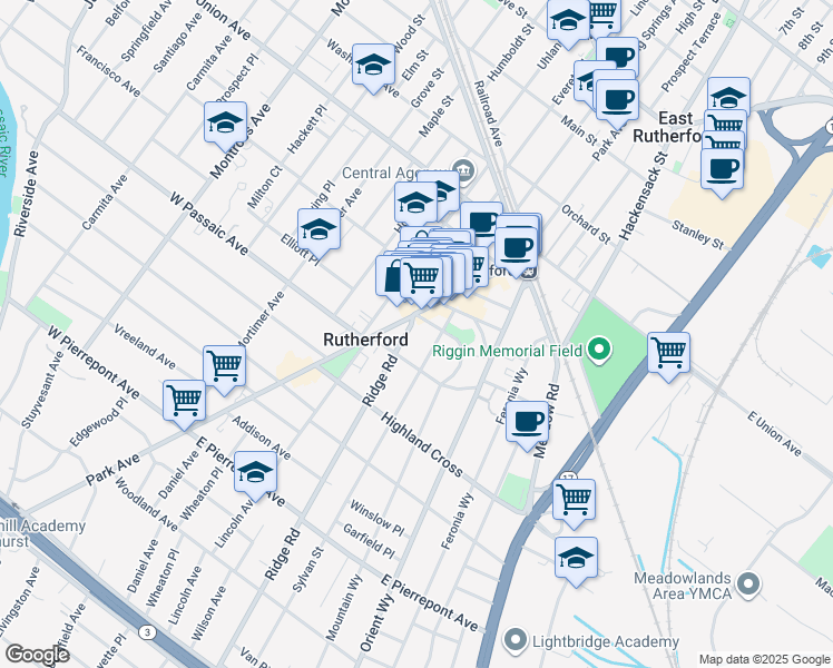 map of restaurants, bars, coffee shops, grocery stores, and more near in Rutherford