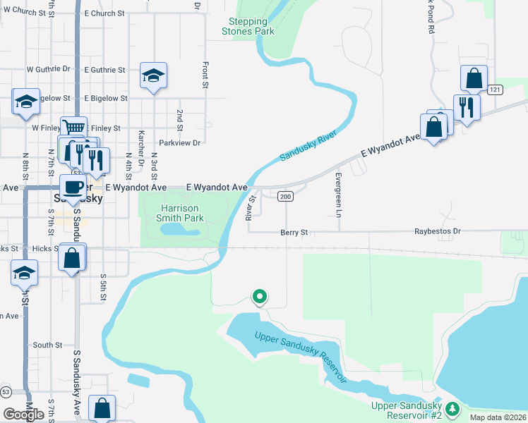 map of restaurants, bars, coffee shops, grocery stores, and more near 107 Old Lincoln Highway in Upper Sandusky