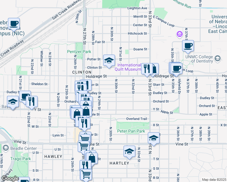 map of restaurants, bars, coffee shops, grocery stores, and more near 1335 North 30th Street in Lincoln