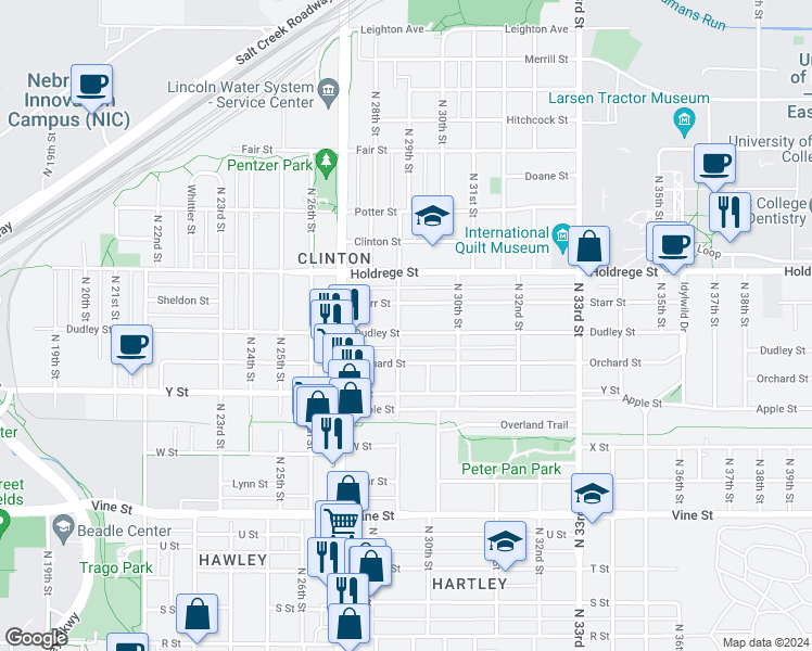 map of restaurants, bars, coffee shops, grocery stores, and more near 2921 Starr Street in Lincoln