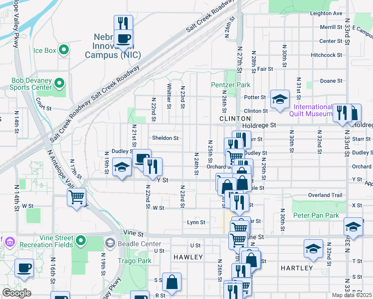 map of restaurants, bars, coffee shops, grocery stores, and more near 2297 Sheldon Street in Lincoln