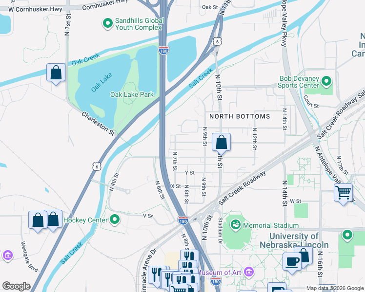 map of restaurants, bars, coffee shops, grocery stores, and more near 628 New Hampshire Street in Lincoln