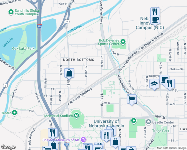 map of restaurants, bars, coffee shops, grocery stores, and more near 1301 New Hampshire Street in Lincoln
