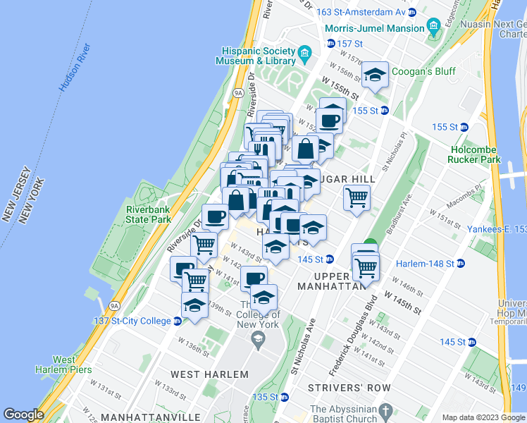 map of restaurants, bars, coffee shops, grocery stores, and more near 533 West 147th Street in New York