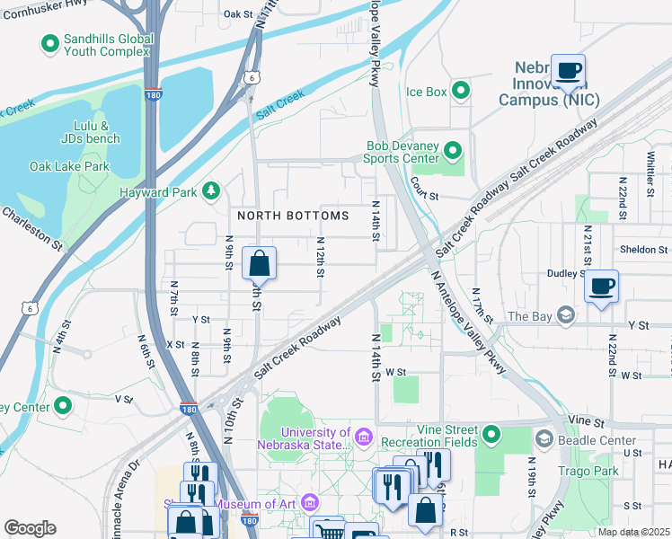 map of restaurants, bars, coffee shops, grocery stores, and more near 1227 New Hampshire Street in Lincoln