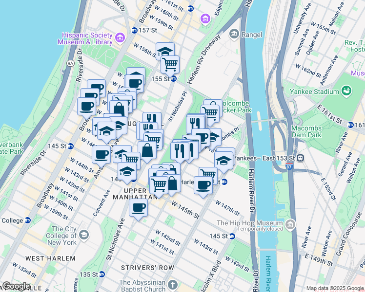 map of restaurants, bars, coffee shops, grocery stores, and more near W 150th St & Bradhurst Ave in New York