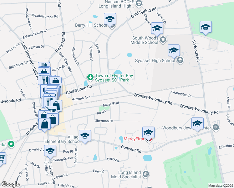 map of restaurants, bars, coffee shops, grocery stores, and more near 136 Syosset-Woodbury Road in Syosset