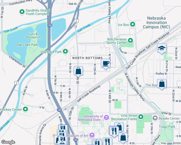 map of restaurants, bars, coffee shops, grocery stores, and more near 1120 New Hampshire Street in Lincoln