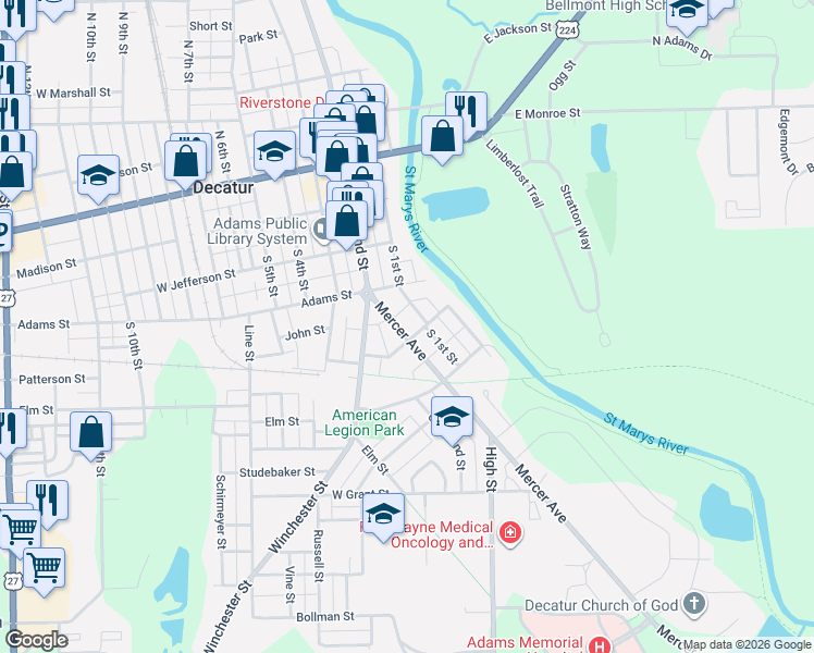 map of restaurants, bars, coffee shops, grocery stores, and more near 327 Mercer Avenue in Decatur