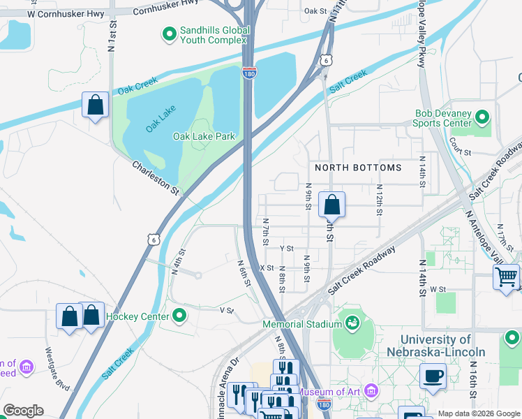 map of restaurants, bars, coffee shops, grocery stores, and more near 628 New Hampshire Street in Lincoln
