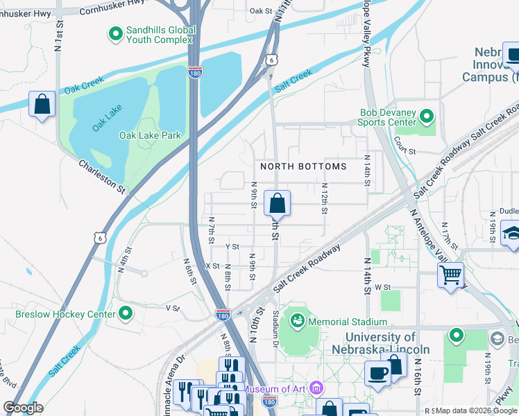 map of restaurants, bars, coffee shops, grocery stores, and more near 911 New Hampshire Street in Lincoln