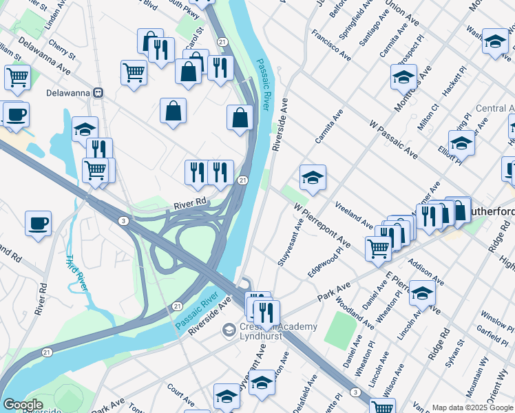 map of restaurants, bars, coffee shops, grocery stores, and more near 454 Riverside Avenue in Rutherford