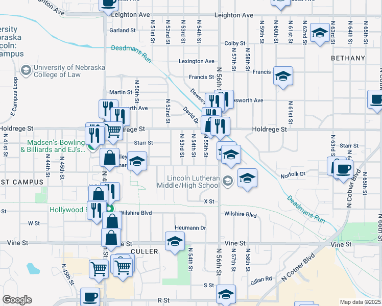 map of restaurants, bars, coffee shops, grocery stores, and more near 1241 North 54th Street in Lincoln