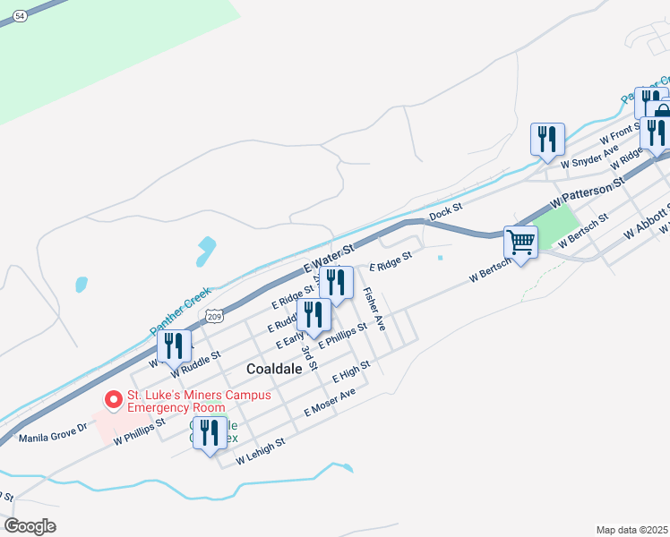 map of restaurants, bars, coffee shops, grocery stores, and more near 223 East Water Street in Coaldale