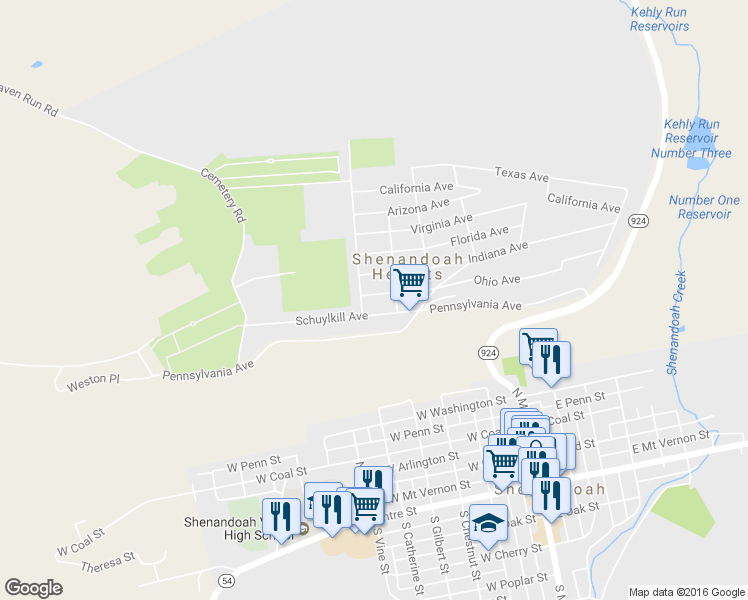map of restaurants, bars, coffee shops, grocery stores, and more near 196 Ohio Avenue in Shenandoah
