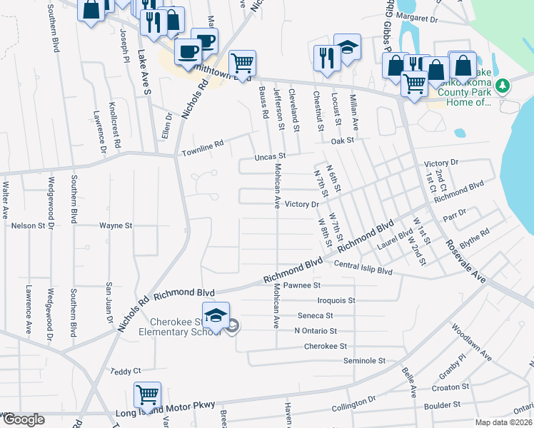 map of restaurants, bars, coffee shops, grocery stores, and more near 133 Oneida Street in Lake Ronkonkoma
