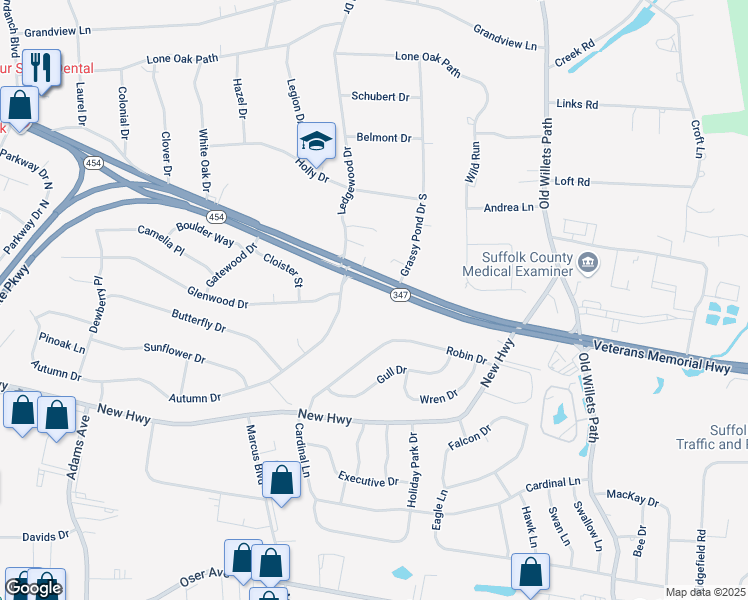 map of restaurants, bars, coffee shops, grocery stores, and more near 610 New York 347 in Hauppauge