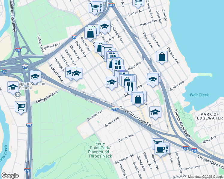 map of restaurants, bars, coffee shops, grocery stores, and more near 740 Revere Avenue in Bronx
