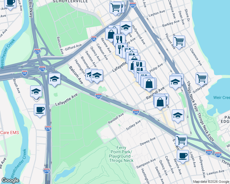 map of restaurants, bars, coffee shops, grocery stores, and more near 821 Quincy Avenue in Bronx
