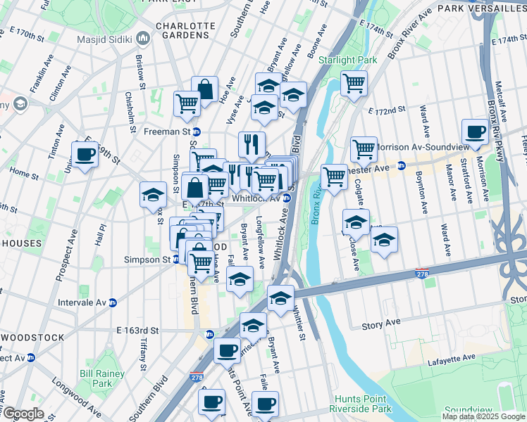map of restaurants, bars, coffee shops, grocery stores, and more near 1274 Westchester Avenue in The Bronx