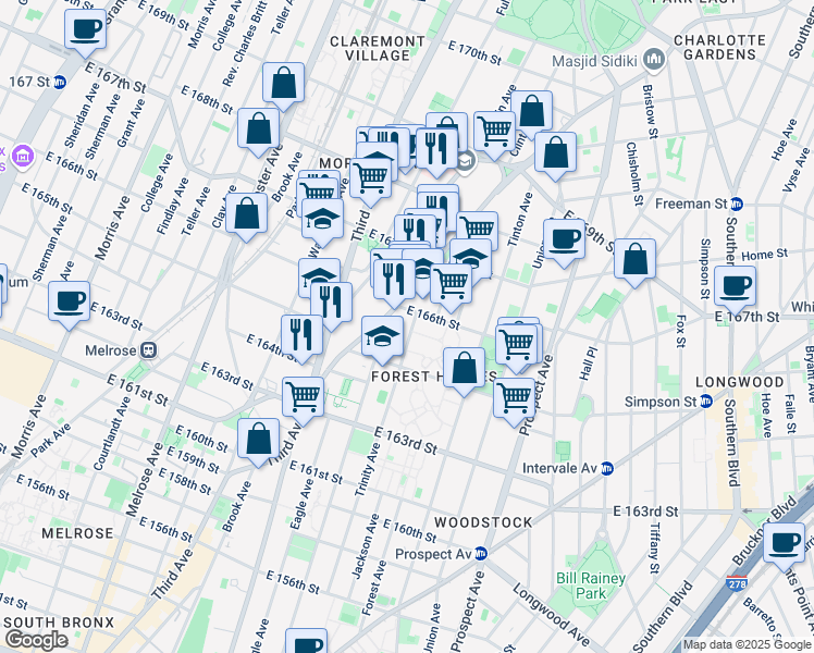 map of restaurants, bars, coffee shops, grocery stores, and more near 1086 Boston Road in Bronx